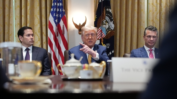 U.S. President Donald Trump speaks to members of the press as Defense Secretary Pete Hegseth (R) and Secretary of State Marco Rubio (L) look on during a Cabinet Meeting at the White House on July 08, 2025 in Washington, DC. Trump discussed the recent flas