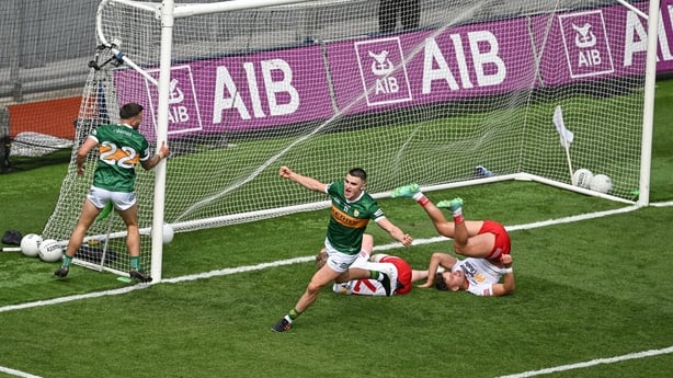 1 July 2023; Sean O'Shea of Kerry celebrates after scoring his side's second goal during the GAA Football All-Ireland Senior Championship quarter-final match between Kerry and Tyrone at Croke Park in Dublin. Photo by Brendan Moran/Sportsfile