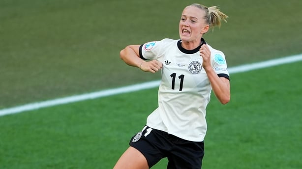 Lea Schueller of Germany celebrates scoring her team's second goal during the UEFA Women's EURO 2025 Group C match between Germany and Denmark at St. Jakob-Park on July 08, 2025 in Basel, Switzerland.