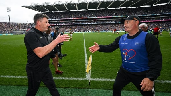 Kilkenny manager Derek Lyng, left, and his Tipperary counterpart Liam Cahill shake hands after Sunday's All-Ireland SHC semi-final