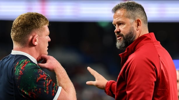 5 July 2025; British & Irish Lions head coach Andy Farrell, right, with Tadhg Furlong before the tour match between NSW Waratahs and the British & Irish Lions at the Allianz Stadium in Sydney, Australia. Photo by Steve Christo/Sportsfile