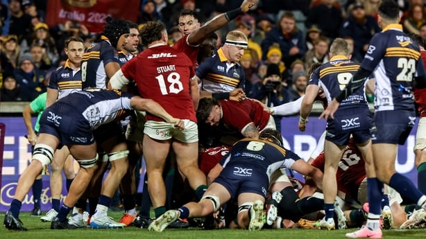 9 July 2025; Josh van der Flier of British & Irish Lions, hidden, scores his side's fifth try during the tour match between ACT Brumbies and the British & Irish Lions at GIO Stadium in Canberra, Australia. Photo by Steve Christo/Sportsfile