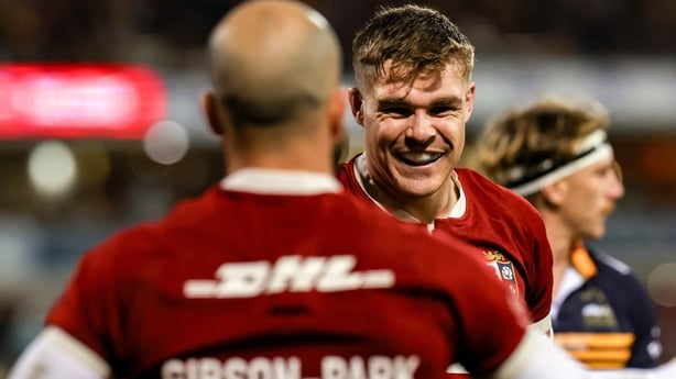 9 July 2025; Garry Ringrose of British & Irish Lions, right, celebrates with teammate Jamison Gibson-Park after scoring their side's fourth try during the tour match between ACT Brumbies and the British & Irish Lions at GIO Stadium in Canberra, Australia. Photo by Steve Christo/Sportsfile