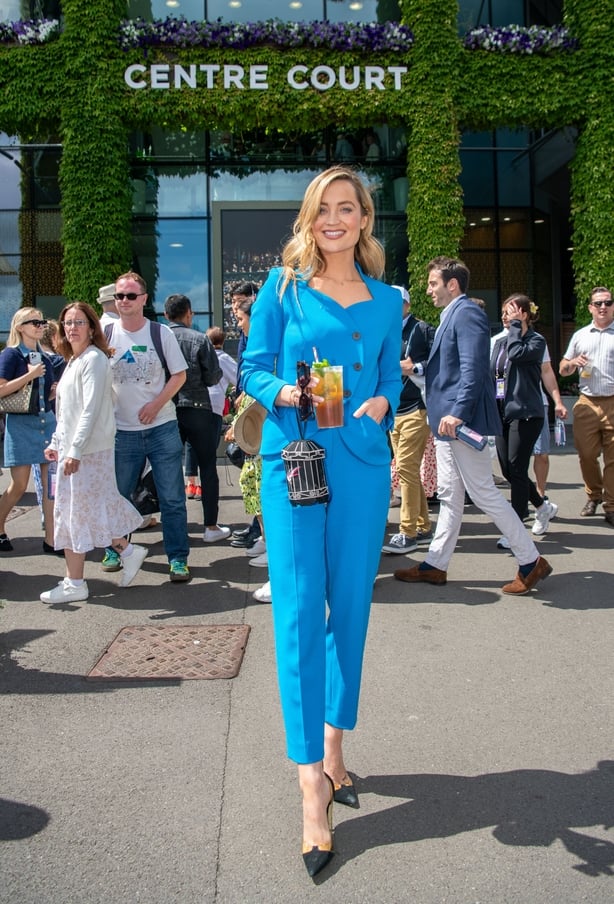LONDON, ENGLAND - JULY 7: Laura Whitmore with Pimm's, an Official Partner of Wimbledon, at All England Lawn Tennis and Croquet Club on July 7, 2025 in London, England. (Photo by Antony Jones/Getty Images for Pimm's)
