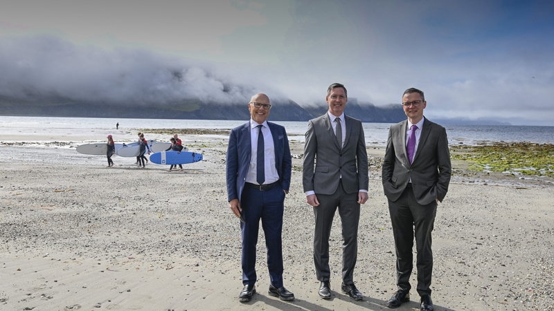 David McCourt, Founder and Chairman of National Broadband Ireland, TJ Malone, Chief Executive Officer, National Broadband Ireland, and Minister for Culture, Communications and Sport, Patrick O'Donovan on Keel Beach