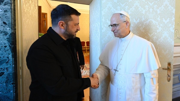 LAZIO, ITALY - JULY 09: (----EDITORIAL USE ONLY - MANDATORY CREDIT - 'UKRAINIAN PRESIDENCY / HANDOUT' - NO MARKETING NO ADVERTISING CAMPAIGNS - DISTRIBUTED AS A SERVICE TO CLIENTS----) Ukrainian President Volodymyr Zelenskyy (L) is welcomed by Pope Leo XIV (R) at the pontiff's summer retreat in Cast