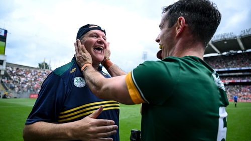 Meath manager Robbie Brennan (L) and Donal Keogan celebrate after beating Galway