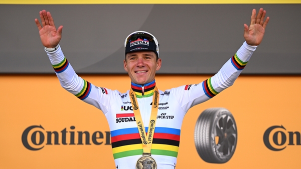 CAEN, FRANCE - JULY 09: Remco Evenepoel of Belgium and Team Soudal Quick-Step celebrates at podium as stage winner during the 112th Tour de France, Stage 5 a 33km individual time trial stage from Caen to Caen / #UCIWT / on July 09, 2025 in Caen, France. (