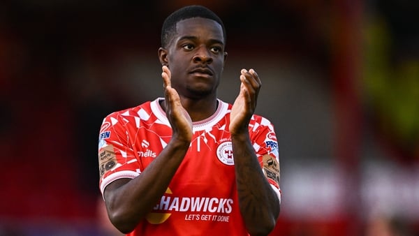 9 July 2025; Mipo Odubeko of Shelbourne during the UEFA Champions League First Qualifying Round first leg match between Shelbourne and Linfield at Tolka Park in Dublin. Photo by Ben McShane/Sportsfile