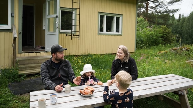 The Stenberg family enjoys a break outside their rented cottage 