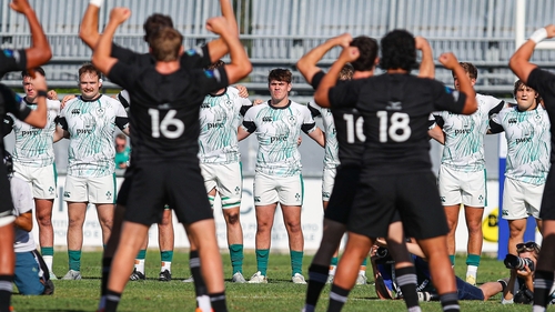 Ireland players watch on during the haka ahead of the heavy World Rugby U20 championship defeat to New Zealand