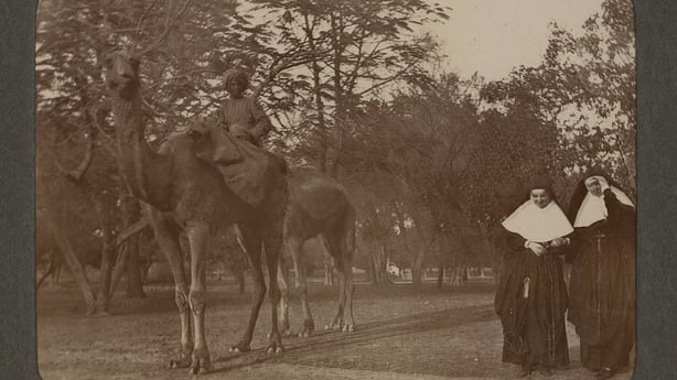 Loreto Sisters standing alongside camels with rider at Lucknow, India, 1903