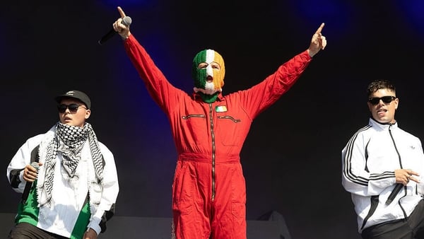 Mo Chara, DJ Provaí and Móglaí Bap of Kneecap perform during day four of Glastonbury