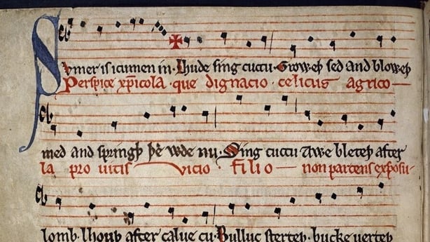Scan of a page of Sumer is icumen in from the British Museum (public domain)