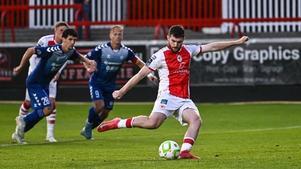 10 July 2025; Aidan Keena of St Patrick's Athletic shoots to score his side's first goal, a penalty, during the UEFA Conference League First Qualifying Round first leg match between St Patrick's Athletic and FC Hegelmann at Richmond Park in Dublin. Photo