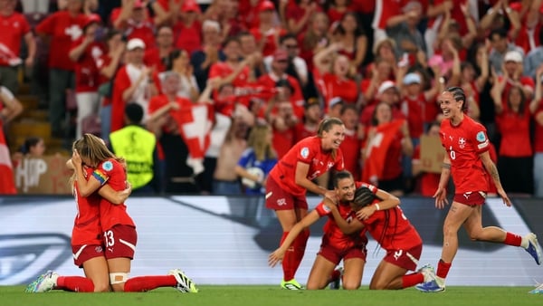 GENEVA, SWITZERLAND - JULY 10: Switzerland players celebrate after their team advance to the knockout stages during the UEFA Women's EURO 2025 Group A match between Finland and Switzerland at Stade de Geneve on July 10, 2025 in Geneva, Switzerland. (Photo