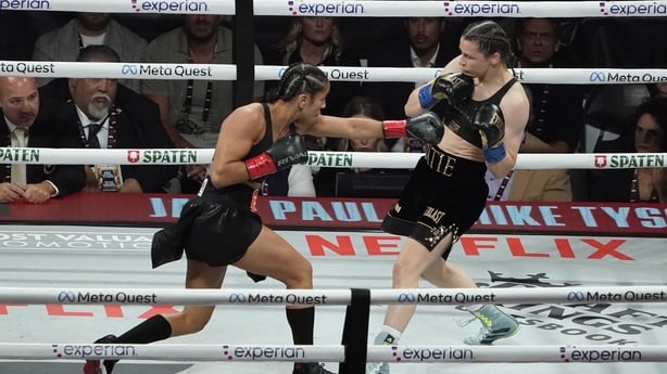 Puerto Rican boxer Amanda Serrano (Left) and Irish boxer Katie Taylor (Right) fight during their super-lightweight world championship boxing bout at The Pavilion at AT&T Stadium in Arlington, Texas, November 15, 2024.