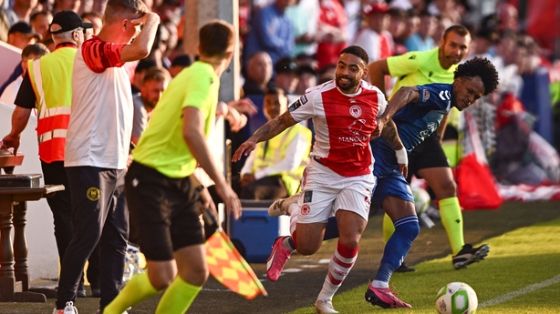 Dublin , Ireland - 10 July 2025; Jake Mulraney of St Patrick's Athletic in action against Carlos Duke of FC Hegelmann during the UEFA Conference League First Qualifying Round first leg match between St Patrick's Athletic and FC Hegelmann at Richmond Park in Dublin. (Photo By Ben McShane/Sportsfile v