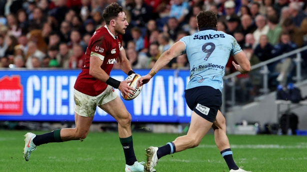 5 July 2025; Hugo Keenan of British & Irish Lions in action against Teddy Wilson of NSW Waratahs during the tour match between NSW Waratahs and the British & Irish Lions at the Allianz Stadium in Sydney, Australia. Photo by Steve Christo/Sportsfile