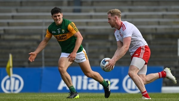 12 June 2021; Frank Burns of Tyrone in action against Mike Breen of Kerry during the Allianz Football League Division 1 semi-final match between Kerry and Tyrone at Fitzgerald Stadium in Killarney, Kerry. Photo by Brendan Moran/Sportsfile