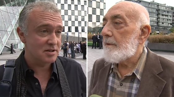 Writer Joe O'Connor and poet Thomas Kinsella at the Grand Canal Theatre in Dublin, 2010.