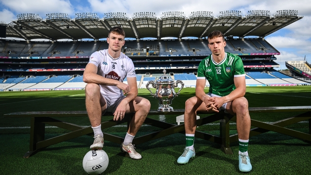 7 July 2025; Kildare captain Kevin Feely and Limerick captain Cillian Fahy during a Tailteann Cup Final media event at Croke Park in Dublin, in advance of the upcoming Tailteann Cup Final between Limerick and Kildare. Photo by Ramsey Cardy/Sportsfile
