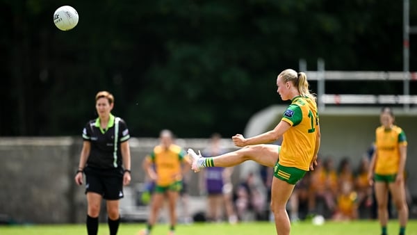 21 June 2025; Jodie McFadden of Donegal converts a free during the TG4 All-Ireland Ladies Football Senior Championship Group 1 match between Tipperary and Donegal at Canon Hayes Park in Bansha, Tipperary. Photo by Seb Daly/Sportsfile