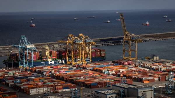 A cargo ship at the commercial port of Barcelona, Spain