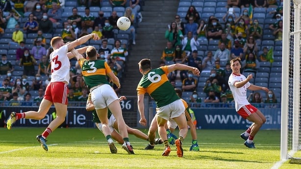 28 August 2021; Cathal McShane, 23, of Tyrone beats Kerry full back Jason Foley to score a goal, in the 69th minute, during the GAA Football All-Ireland Senior Championship semi-final match between Kerry and Tyrone at Croke Park in Dublin. Photo by Ray McManus/Sportsfile