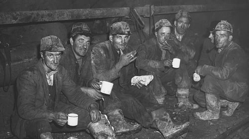 Donegal Tunnel Tigers taking a break from their work on a hydro-electric scheme in Scotland in the mid-20th century (L-R: Unknown; Unknown; Hughie Friel, An Tearmann; Jimmy McDaid, Glenswilly; Anthony Ferry, An Clochán Liath)
