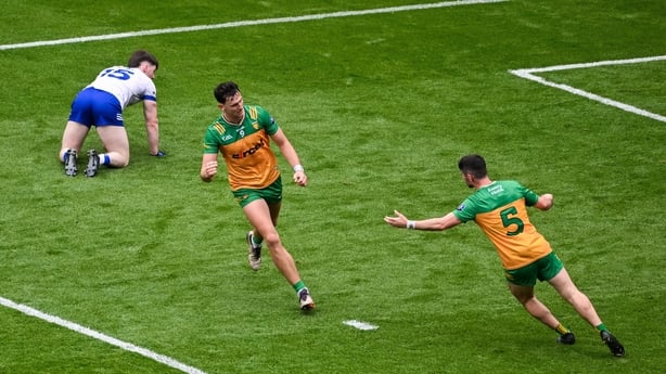 28 June 2025; Michael Langan, left, celebrates with team-mate Ryan McHugh of Donegal, after scoring his side's first goal during the GAA Football All-Ireland Senior Championship quarter-final match between Monaghan and Donegal at Croke Park in Dublin. Photo by Daire Brennan/Sportsfile