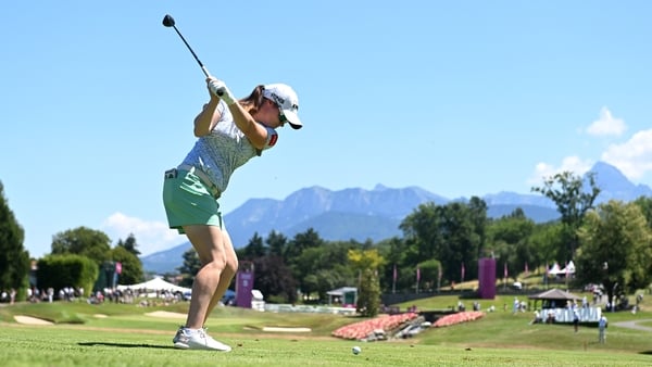 EVIAN-LES-BAINS, FRANCE - JULY 11: Leona Maguire of Ireland tees off on the fifth hole during Round Two of The Amundi Evian Championship 2025 at Evian Resort Golf Club on July 11, 2025 in Evian-les-Bains, France. (Photo by Paul Devlin/Getty Images)