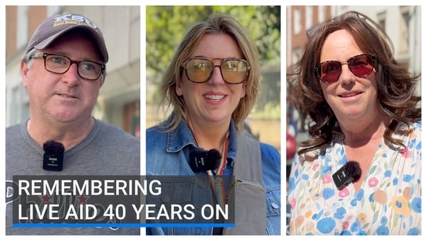 image features a man and two women with text on the image “remembering live aid 40 years on”