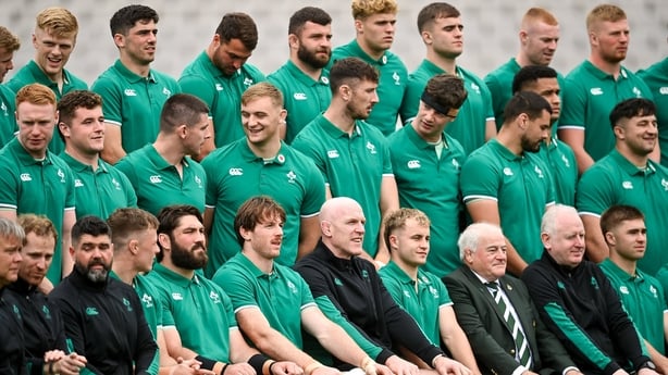 11 July 2025; Players and staff pose for a team photo during an Ireland rugby captain's run at Estádio Nacional do Jamor in Lisbon, Portugal. Photo by David Fitzgerald/Sportsfile