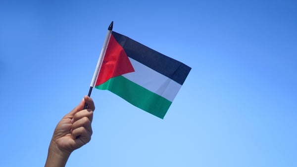 Hand holding Palestine Flag on blue sky background