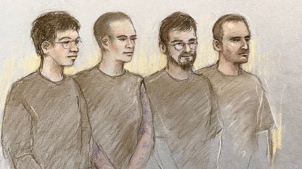 Court artist drawing of (left to right) Jony Cink, 24, Amy Gardiner-Gibson, 29, Lewie Chiaramello and Daniel Jeronymides-Norie, 35