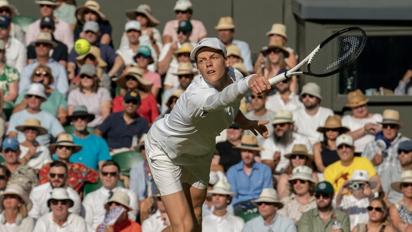 Jannik Sinner of Italy plays a backhand to Novak Djokovic of Serbia during their Gentlemen's semi-final match on Day 12 of Championships, Wimbledon 2025 at The All England Lawn Tennis And Croquet Club on July 11, 2025, in London, England. (Photo by Fred M