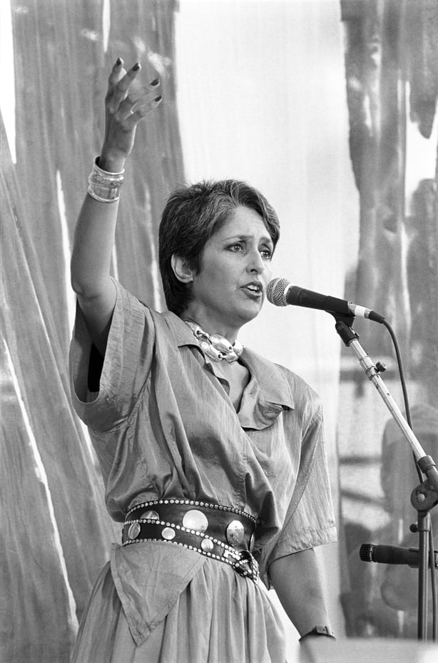 Joan Baez performing at Live Aid at JFK Stadium in Philadelphia, Pennsylvania on July 13, 1985.