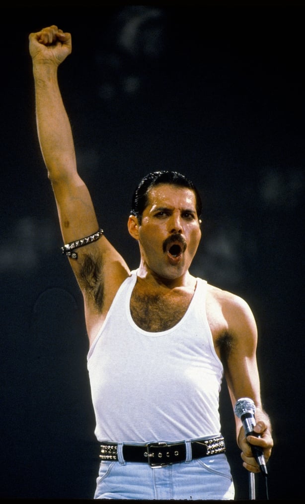 LONDON, UNITED KINGDOM - JULY13: Freddie Mercury of the group Queen performs at the Live Aid concert on July 13, 1985 in London, England. (Photo by Anwar Hussein/Getty Images)