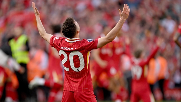 LIVERPOOL, ENGLAND - APRIL 27: (THE SUN OUT, THE SUN ON SUNDAY OUT) Diogo Jota of Liverpool after being named Champions of the Premier League at the end of the Premier League match between Liverpool FC and Tottenham Hotspur FC at Anfield on April 27, 2025
