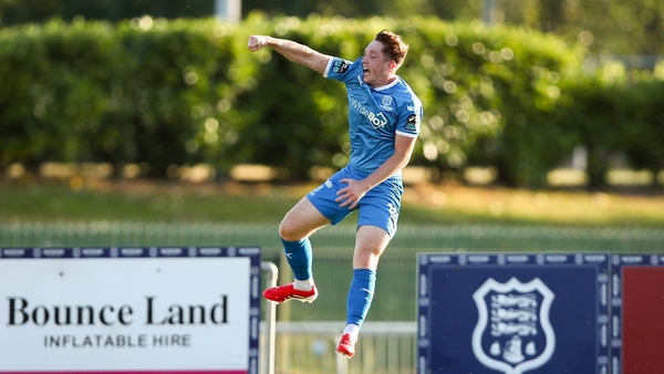 11 July 2025; Sam Glenfield of Waterford celebrates after scoring his side's first goal during the SSE Airtricity Men's Premier Division match between Waterford and Cork City at the Regional Sports Centre in Waterford. Photo by Michael P Ryan/Sportsfile