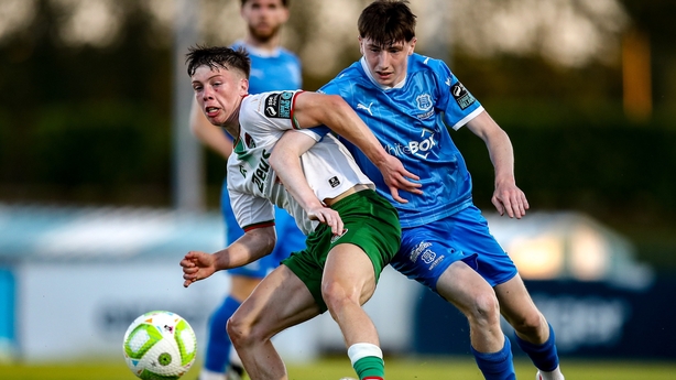 11 July 2025; Cathal O'Sullivan of Cork City in action against Jesse Dempsey of Waterford during the SSE Airtricity Men's Premier Division match between Waterford and Cork City at the Regional Sports Centre in Waterford. Photo by Michael P Ryan/Sportsfile