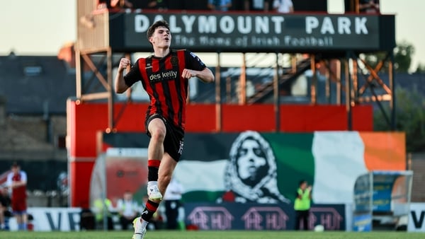 James Clarke of Bohemians celebrates after scoring his side's third goal during the SSE Airtricity Men's Premier Division match between Bohemians and Galway United at Dalymount Park in Dublin.