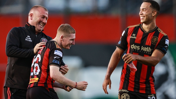 Bohemians manager Alan Reynolds celebrates with his players after the SSE Airtricity Men's Premier Division match between Bohemians and Galway United at Dalymount Park in Dublin.