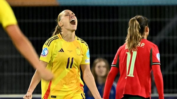 Belgium's defender #11 Janice Cayman celebrates after scoring the team's second goal during the UEFA Women's Euro 2025 Group B football match between Portugal and Belgium at the Stade de Tourbillon in Sion, on July 11, 2025.