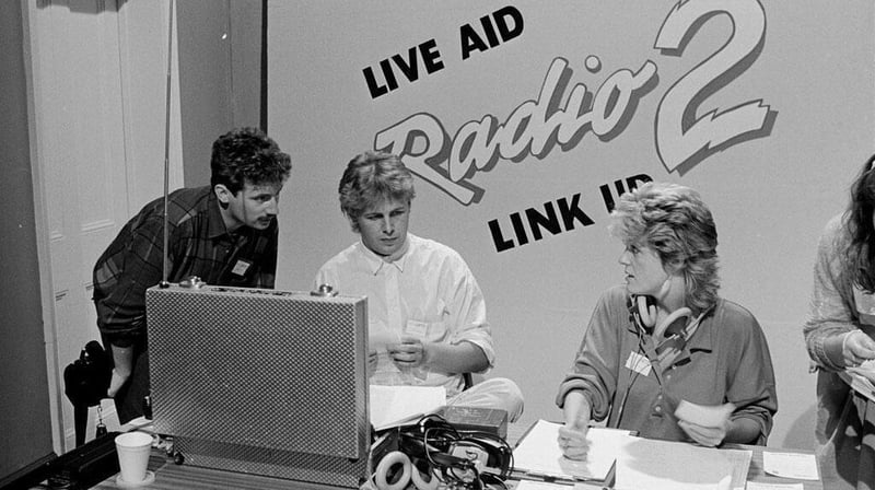 L-R: Barry Lang, Ian Dempsey and Linda Bent during RTÉ's Live Aid coverage on 13 July 1985