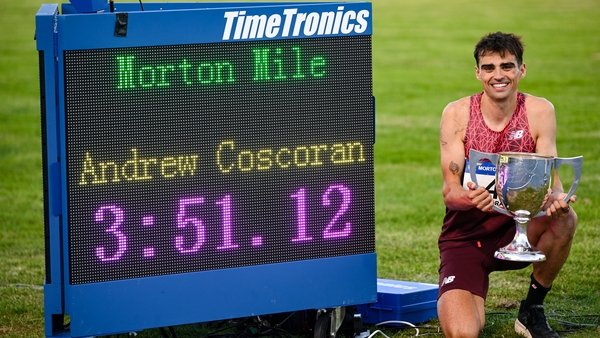 Andrew Coscoran of Ireland after winning the Men's Morton Mile during the 2025 Morton Games at Morton Stadium in Santry, Dublin.