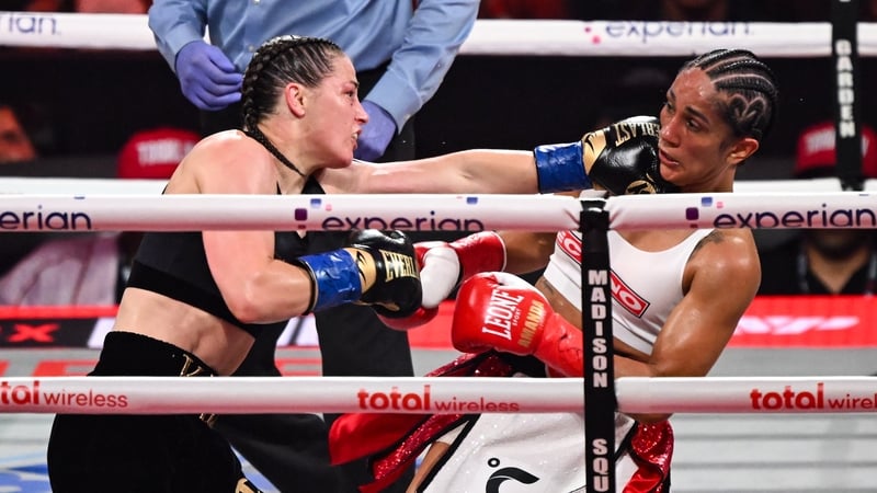 Katie Taylor (L) in action against Amanda Serrano at Madison Square Garden