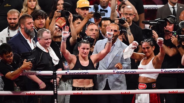 Katie Taylor, left, and Amanda Serrano after the tenth round after their undisputed super lightweight championship fight at Madison Square Garden in New York, USA.
