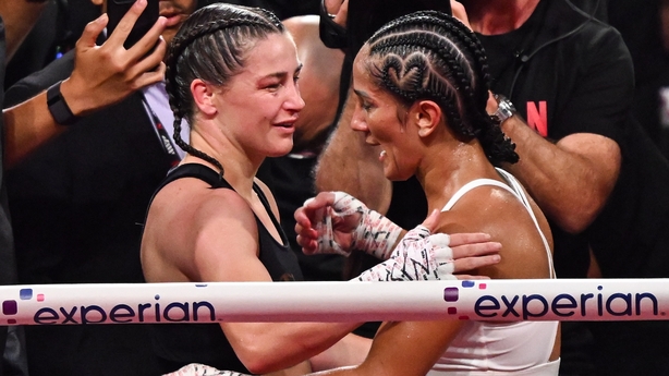 Katie Taylor, left, and Amanda Serrano after the tenth round after their undisputed super lightweight championship fight at Madison Square Garden in New York, USA.